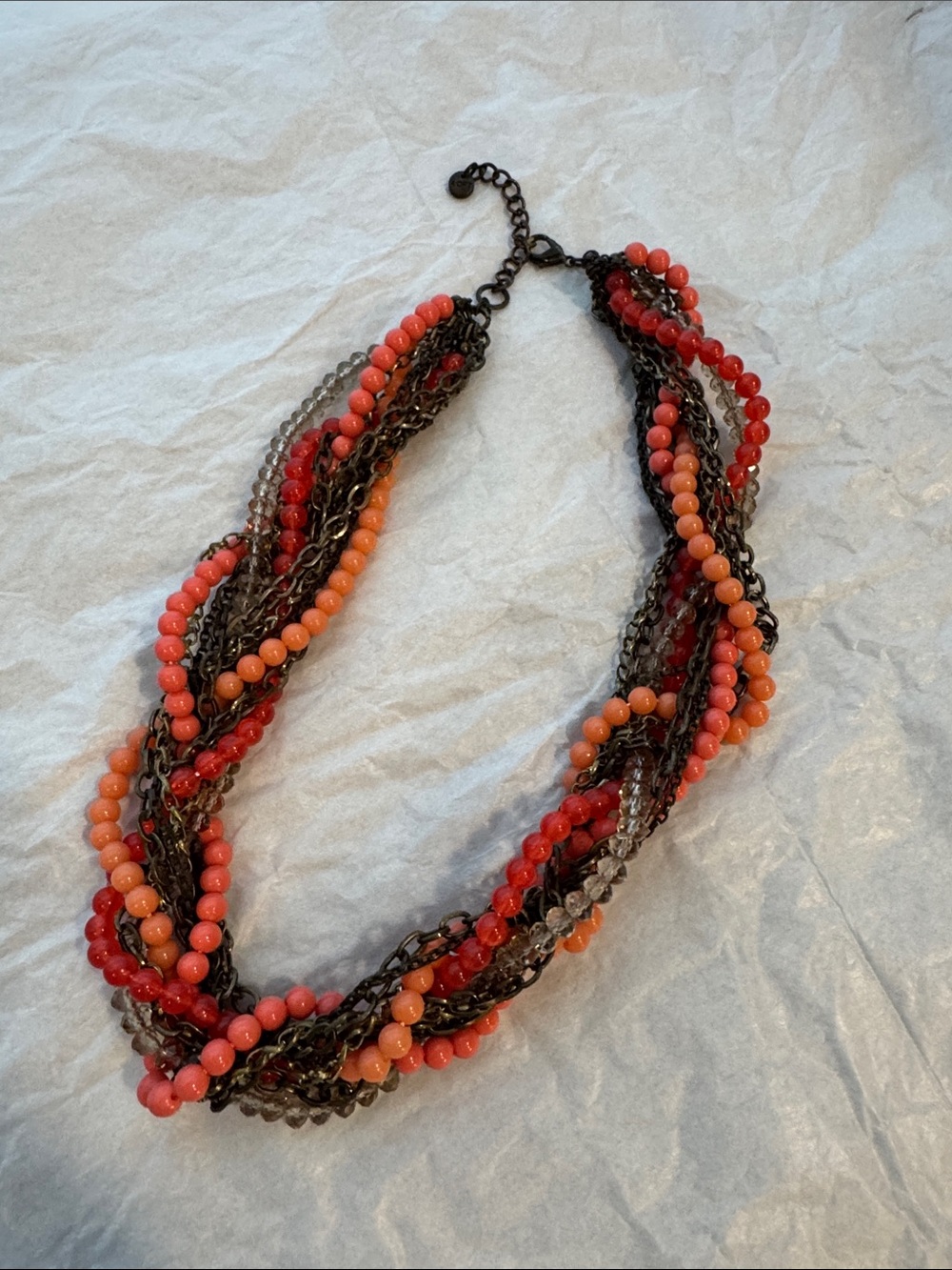 Multi-Strand Coral & Red Beaded Necklace with metal strands